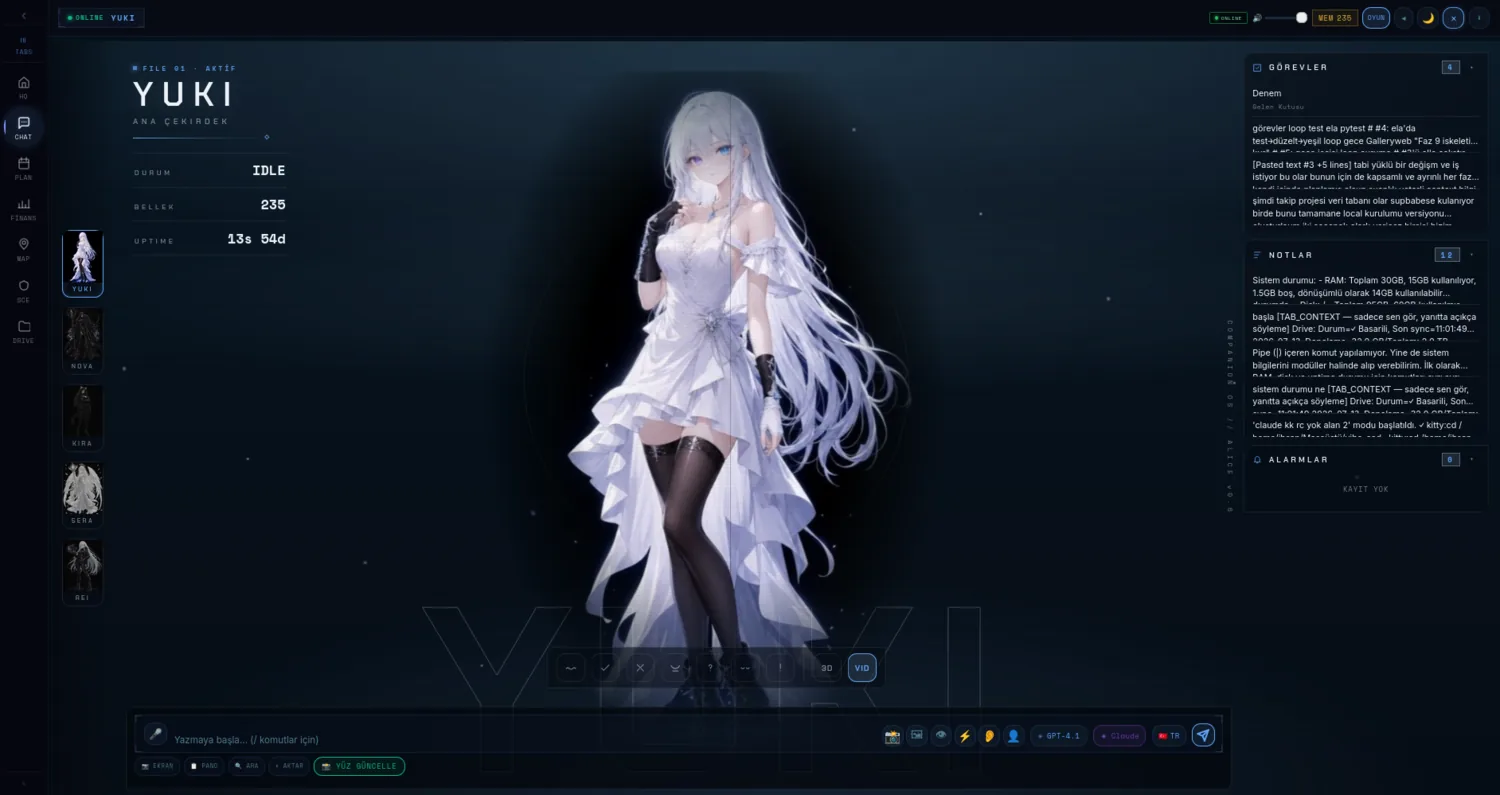 Game mode showing the Yuki character with status panel and outfits