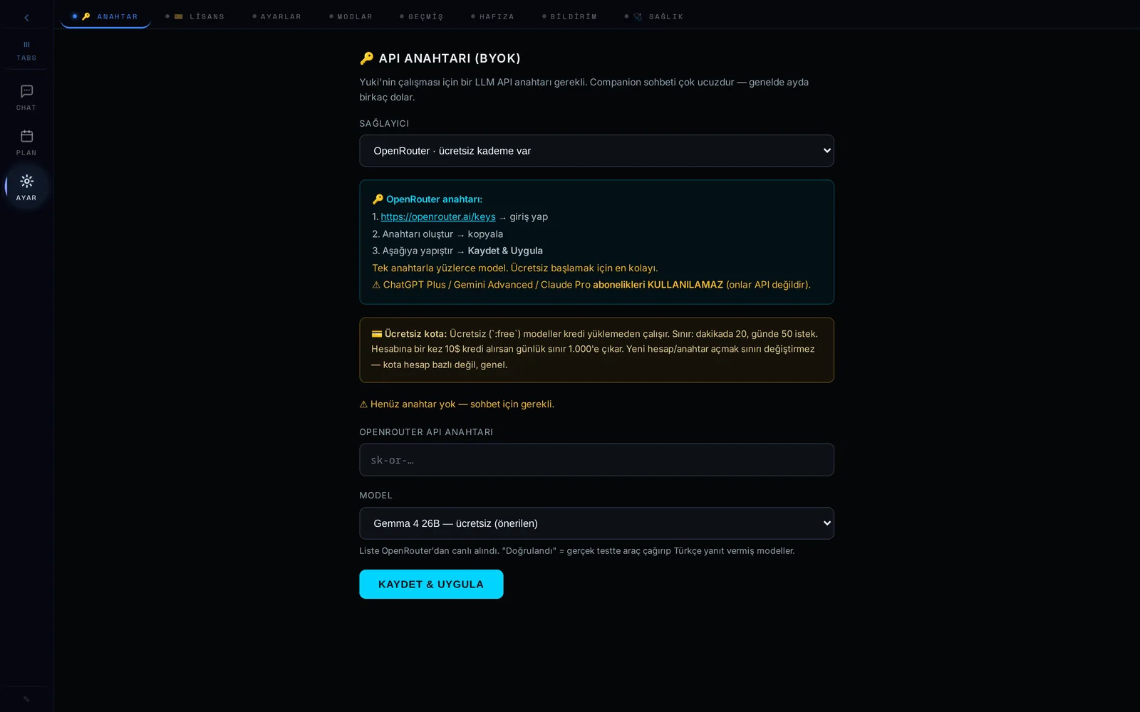 Settings — provider, API key and model selection (BYOK)